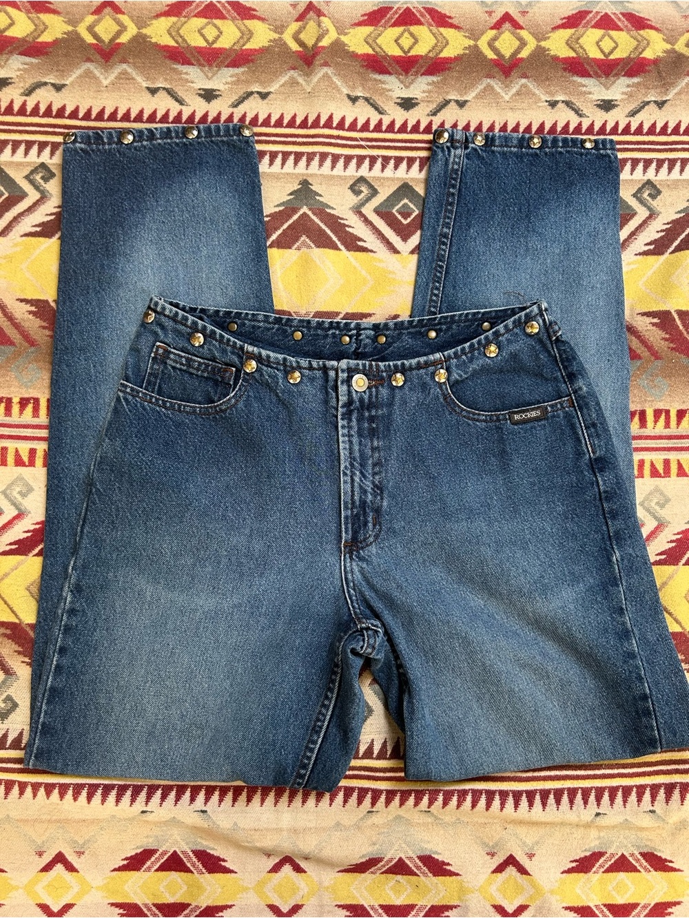 Rockies Blue Straight-Leg Jeans with Gold Stud Trim
